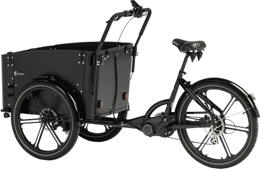 Cargobike Delight el-lådcykel från sidan med mittmotorn vid vevpartiet