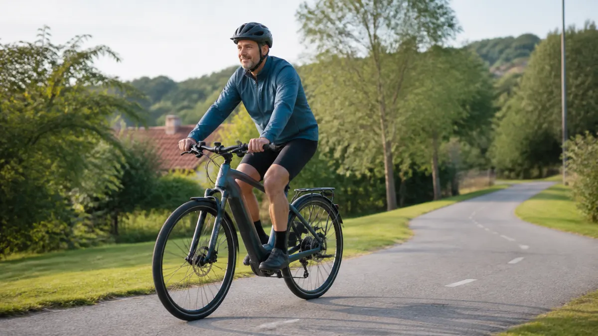 Cyklist på elcykel med hjälm på en asfalterad cykelväg genom grönska