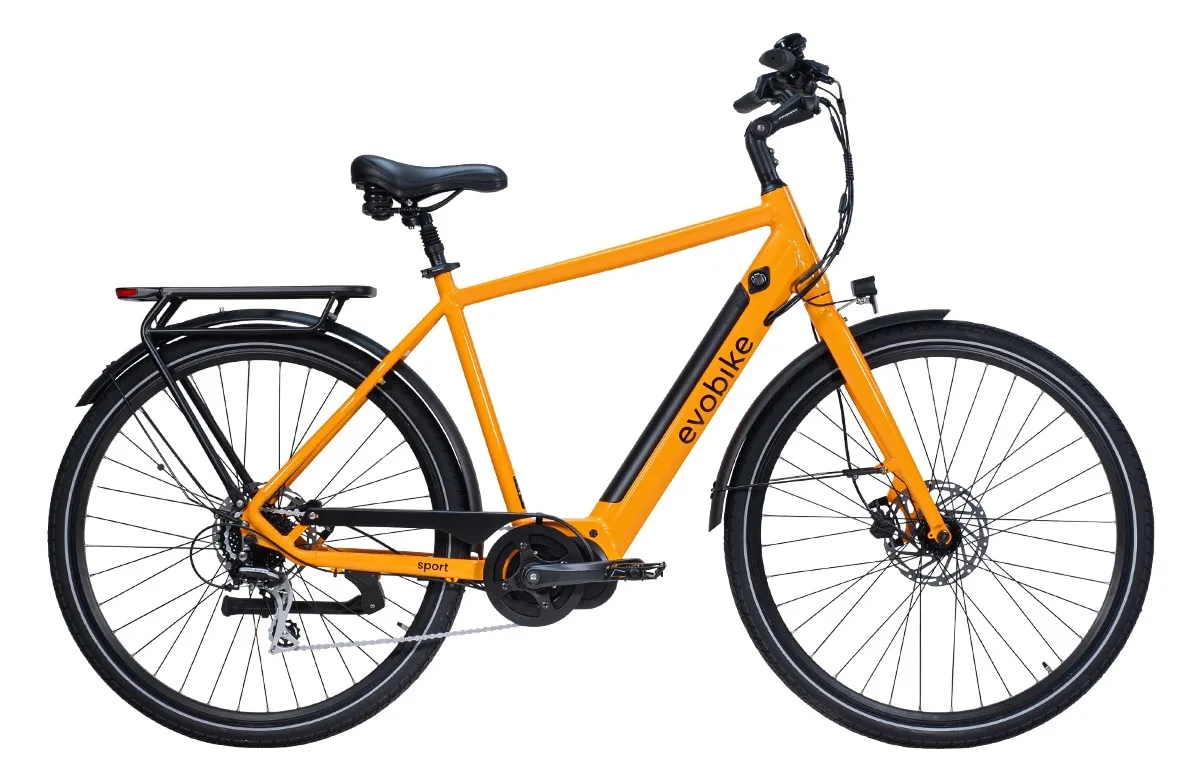 Orange Evobike Sport-8 Mid-Drive Herr med mittmotor, pakethållare och skivbromsar, sedd från sidan